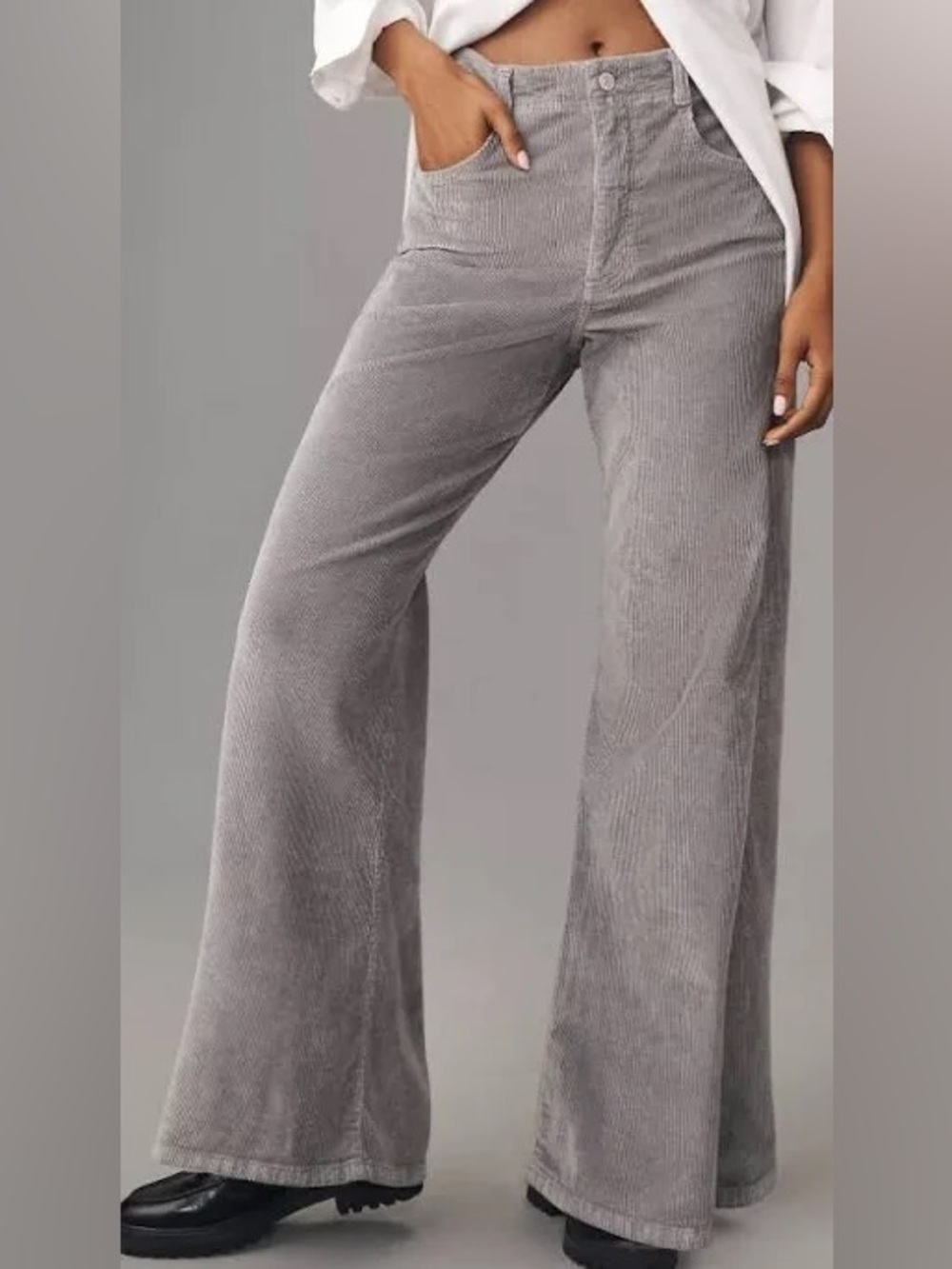 Pilcro Wide Leg Flare Bell Bottom High Waist Corduroy Pant in Light Gray Stretch